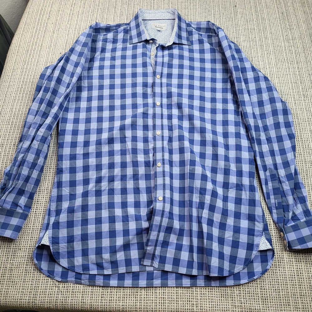 Ted Baker Endurance Shirt Mens 16.5 34/35 Blue Gingham Check Dress Long Sleeve